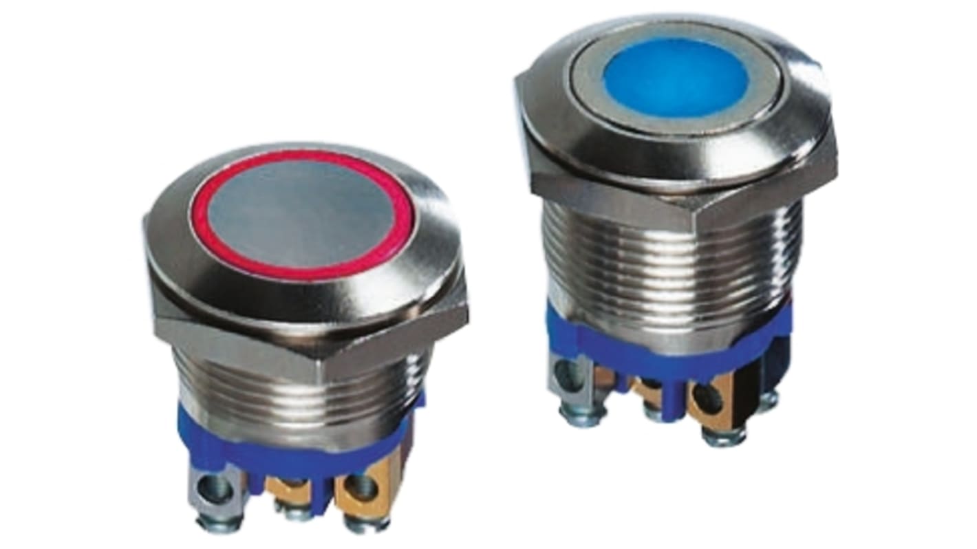 APEM Illuminated Push Button Switch, Momentary, 19.2mm Cutout, SPST, Blue LED, 250V ac, IP65