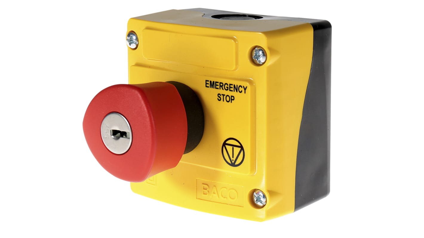 BACO LBX1 Series Key Release Emergency Stop Push Button, Surface Mount, 2NC, IP66