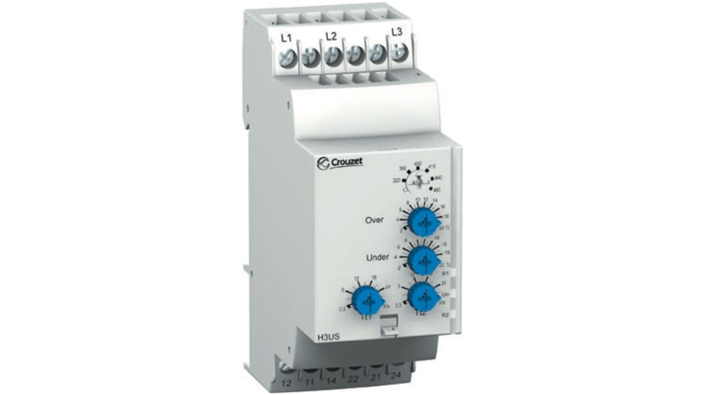 Crouzet Voltage Monitoring Relay, 3 Phase, DPDT, 194 → 528V ac, DIN Rail