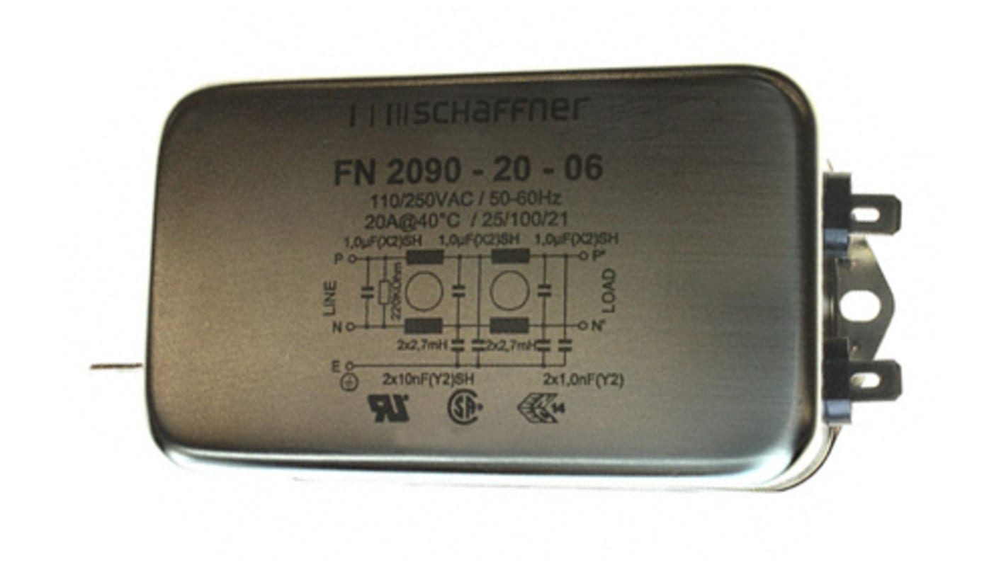 Schaffner 单相EMI滤波器, 20A, 250 V 交流/直流, 0 → 400Hz, 法兰安装, Fast-On接端, 二阶, FN2090系列