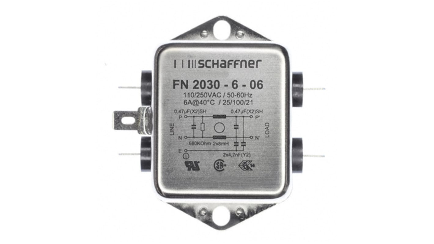 Schaffner, FN2030 6A 250 V ac/dc 400Hz, Chassis Mount EMI Filter, Fast-On, Single Phase