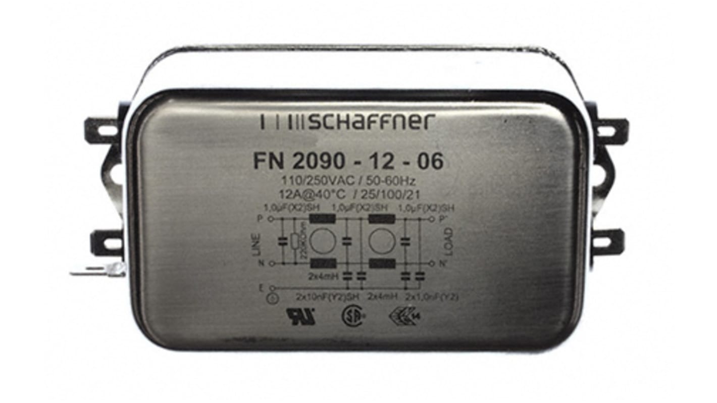 Schaffner 单相EMI滤波器, 12A, 250 V 交流/直流, 0 → 400Hz, 底盘安装, Fast-On接端, 二阶, FN2090系列