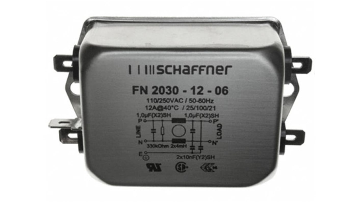 Schaffner, FN2030 12A 250 V ac/dc 400Hz, Chassis Mount EMI Filter, Fast-On, Single Phase