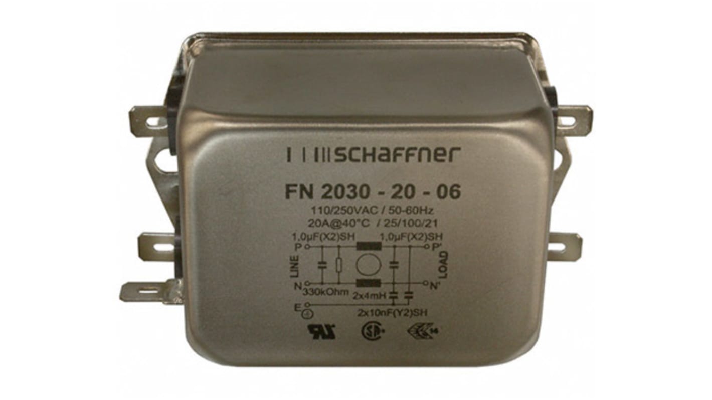 Schaffner 单相EMI滤波器, 20A, 250 V 交流/直流, 400Hz, 底盘安装, Fast-On接端, 一阶, FN2030系列
