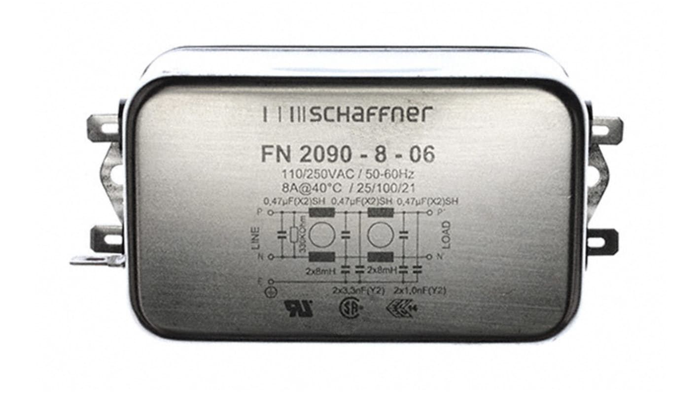 Filtro EMI Schaffner 3.3nF, 8A, 250 V AC / DC, 0 → 400Hz 8 mH, Montaje en Panel, con terminales Faston 0,67 mA,