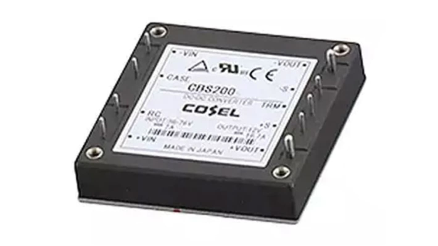 Cosel Isolated DC-DC Converter, 15V dc/ 13.4A Output, 36 → 76 V dc Input, 201W, Through Hole, +100°C Max Temp