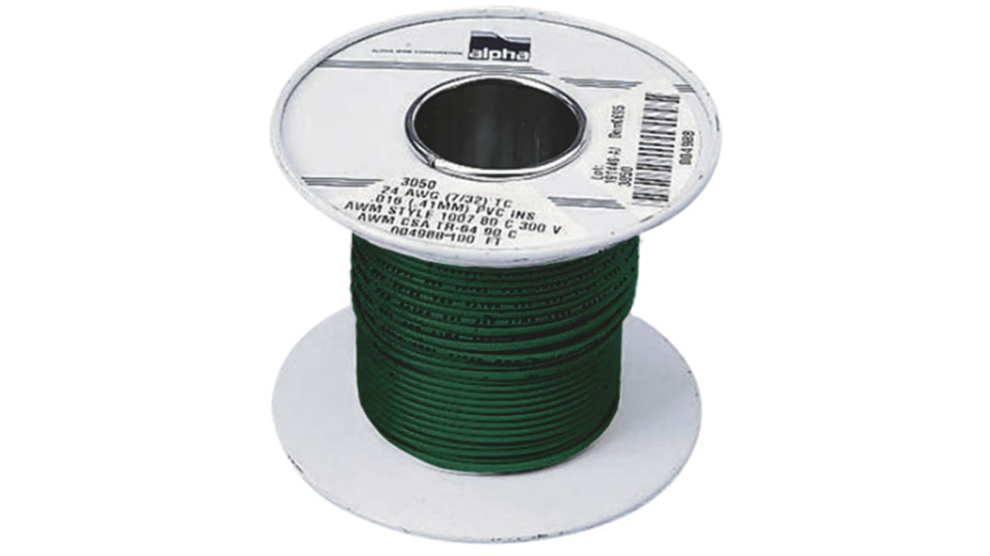 Alpha Wire Green 0.75 mm² Hook Up Wire, 18 AWG, 16/0.25 mm, 30m, PVC Insulation, 3055 GR005