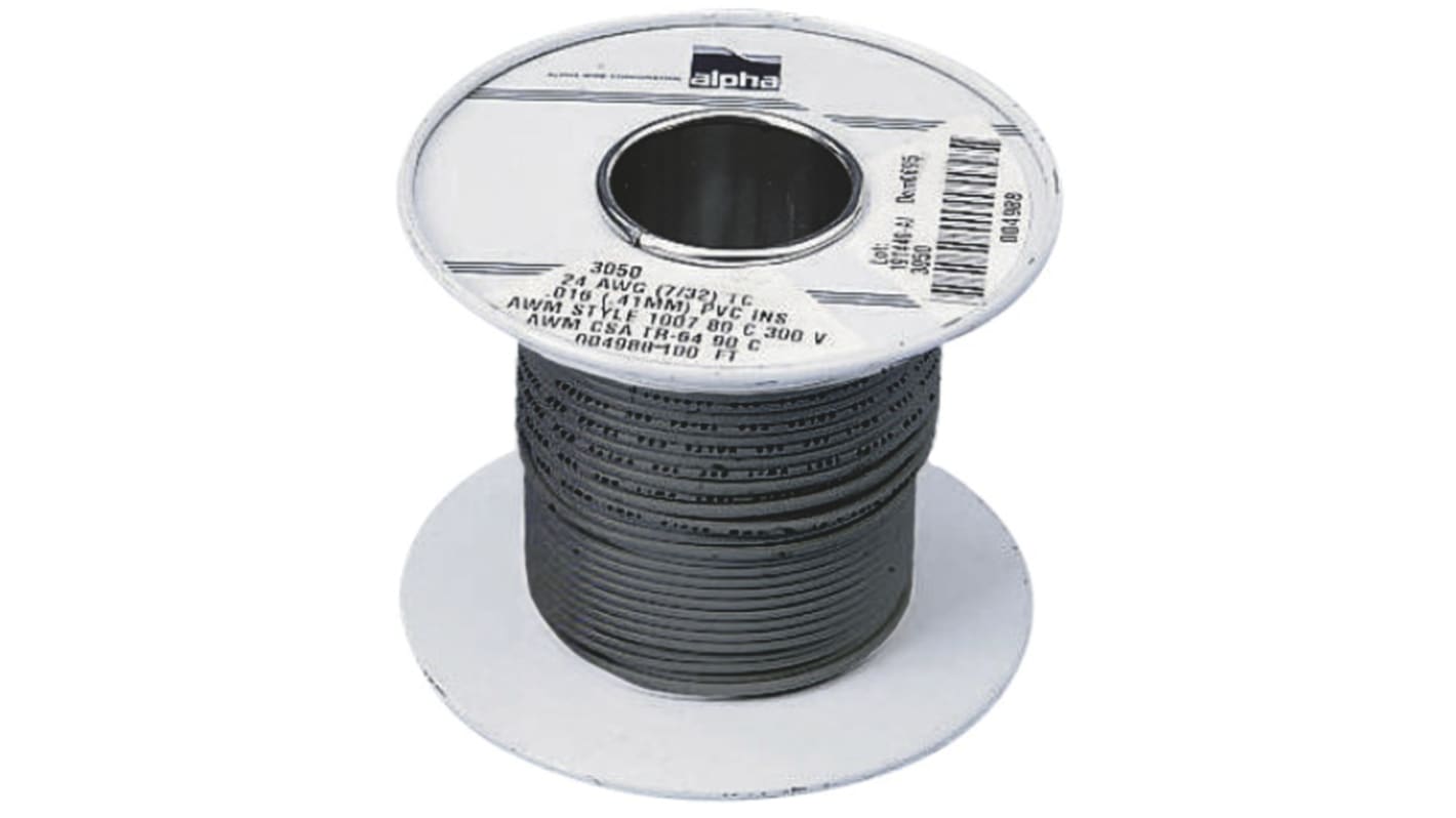 Alpha Wire Einzeladerleitung 0,52 mm², 20 AWG 30m Grau PVC isoliert Ø 1.75mm 10/0,25 mm Litzen UL1007