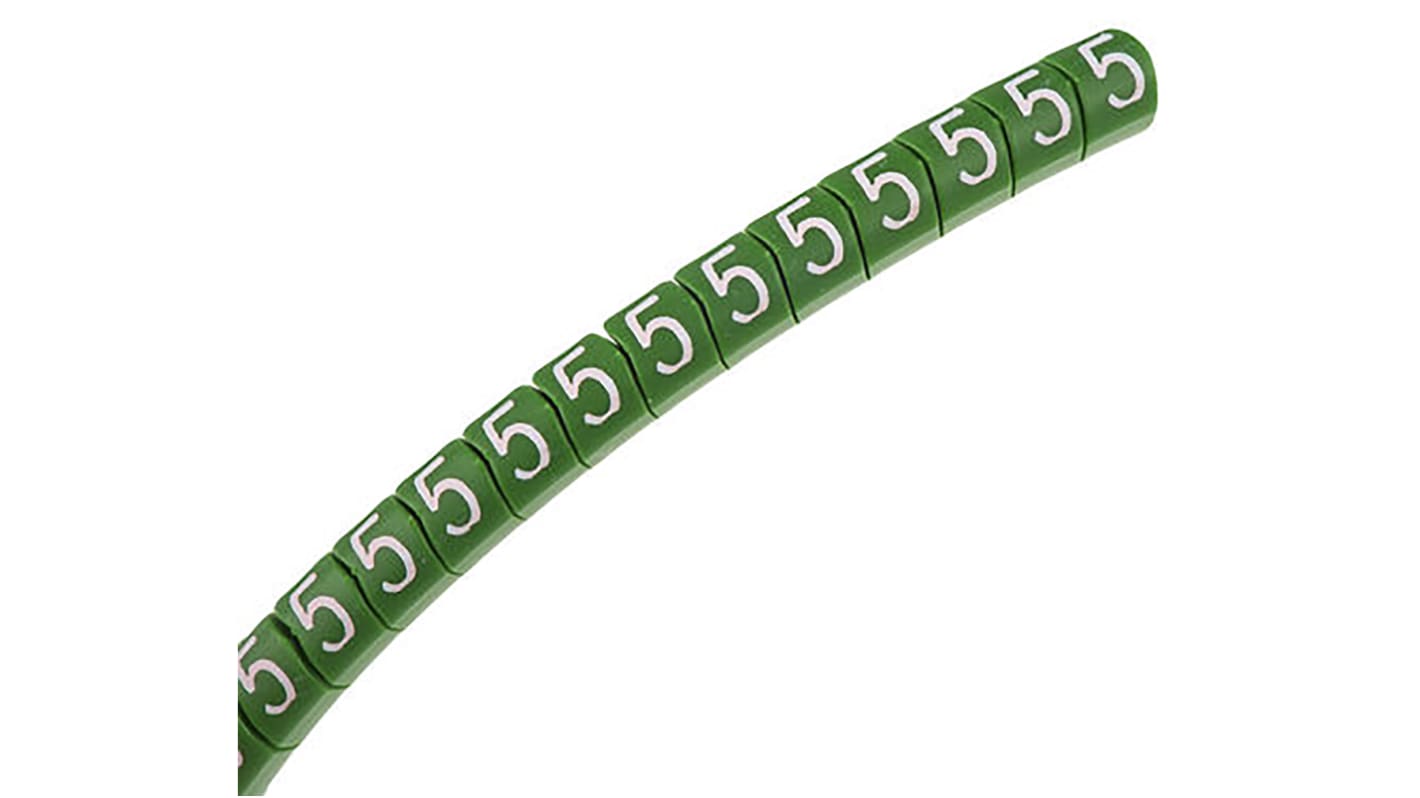 HellermannTyton Helagrip Kabel-Markierer, aufsteckbar, Beschriftung: 5, Weiß auf Grün, Ø 4mm - 9mm, 5mm x 6,8 mm, 250