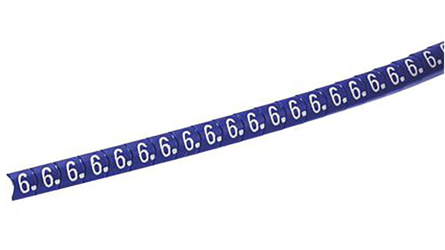 HellermannTyton Helagrip Slide On Cable Markers, White on Blue, Pre-printed "6", 4 → 9mm Cable