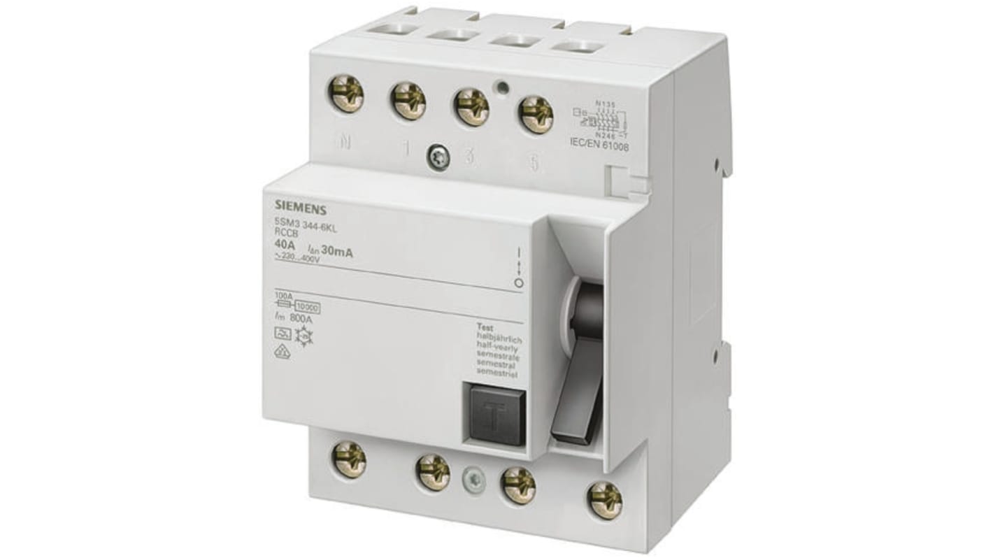 RCCB Siemens, 63A Tipo A, 4 Polos, 300mA 400V ac