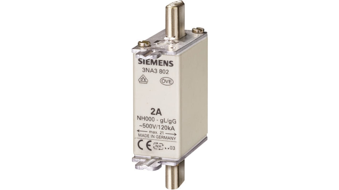 Fusible NH de cuchillas centradas Siemens, NH000, gG, 500V ac, 4A, CSA 22.2, IEC EN 60269, VDE 0636