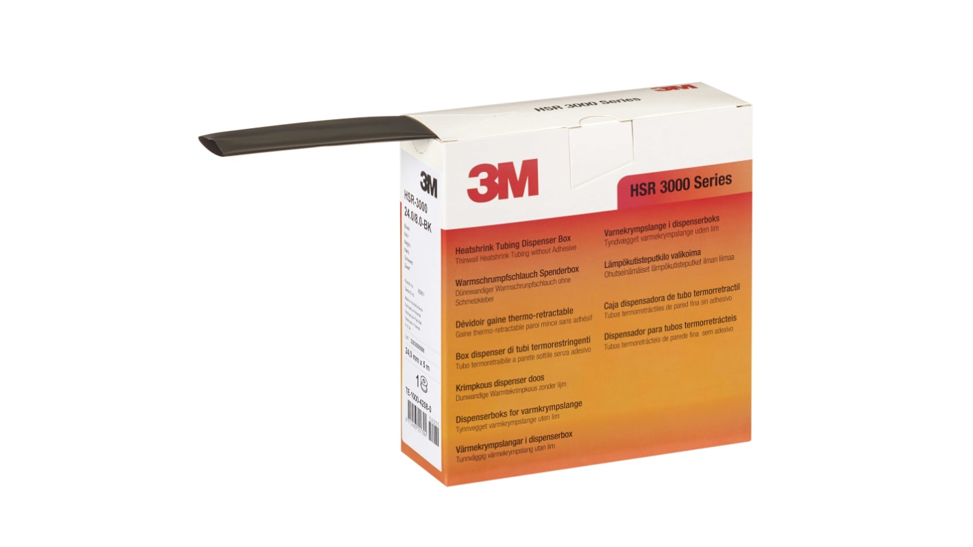 3M Halogen Free Heat Shrink Tubing, Black 6mm Sleeve Dia. x 10m Length 3:1 Ratio, HSR 3000 Series