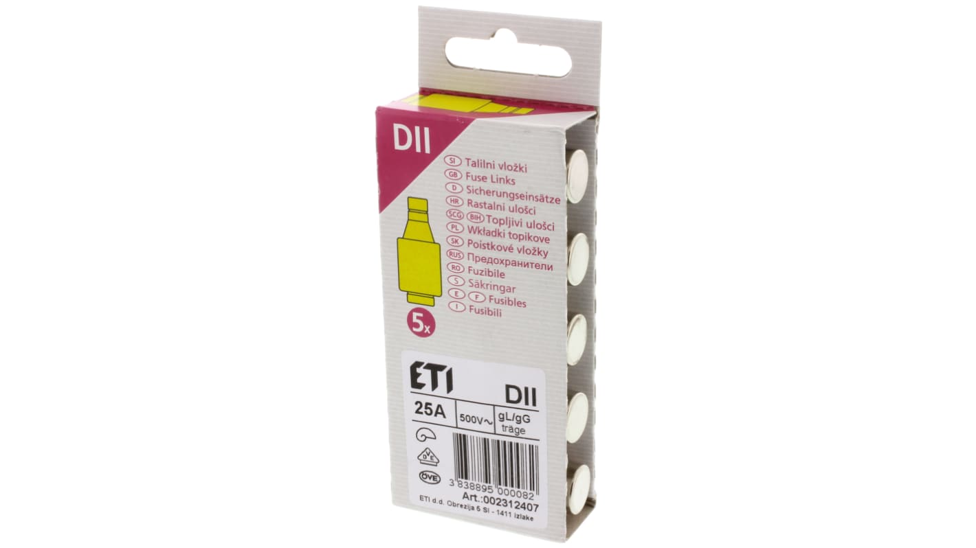 ETI DII Diazed熔断器, 25A, 500V 交流, E27螺纹, 陶瓷, gG - gL, 黄色盖