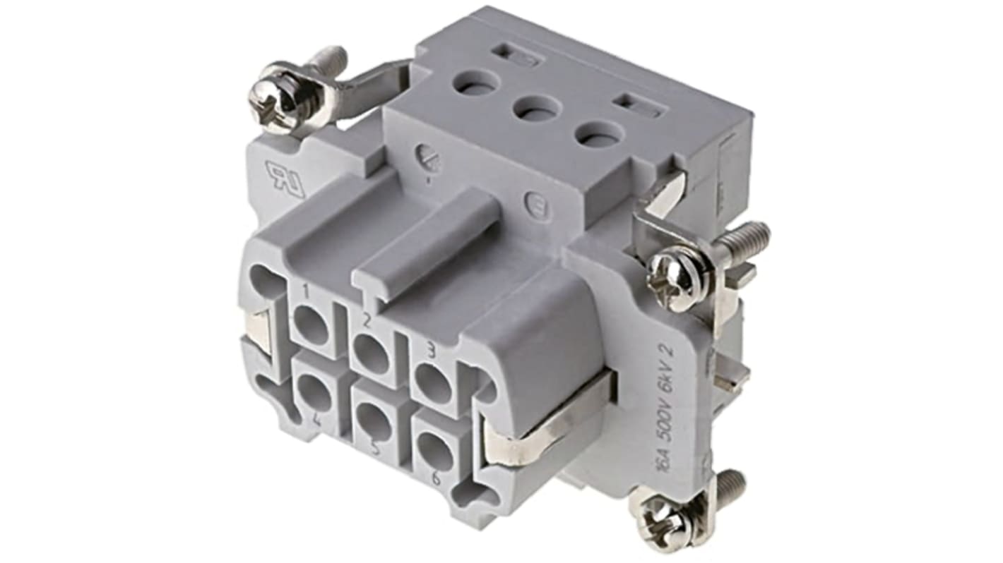 TE Connectivity Heavy Duty Power Connector Insert, 16A, Female, HE Series, 6 Contacts