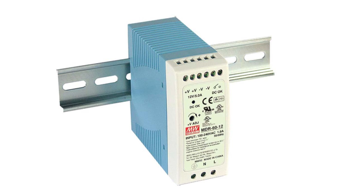 MEAN WELL MDR Switched Mode DIN Rail Power Supply, 85 → 264V ac ac Input, 12V dc dc Output, 5A Output, 60W