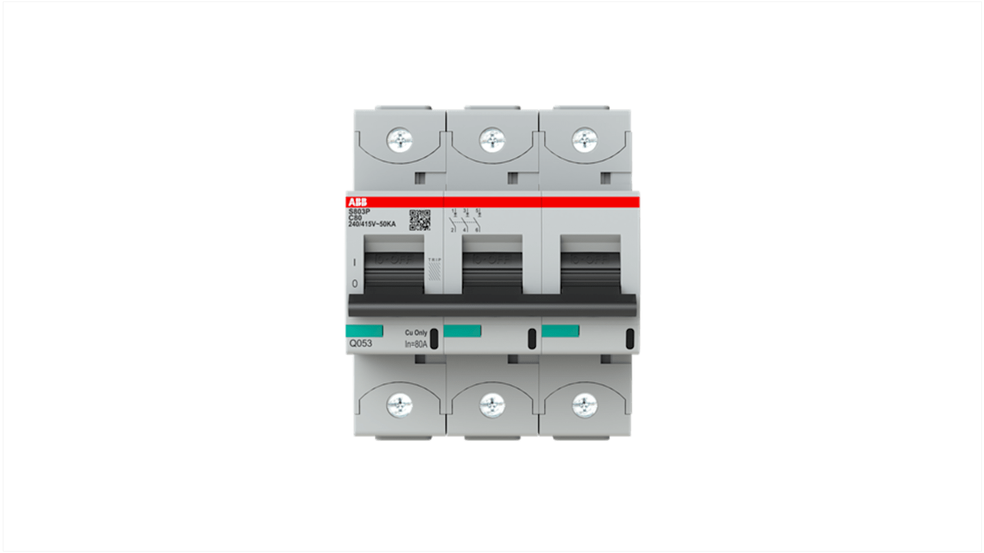ABB C型MCB, 3极, 36 kA分断, 80A, 400VAC, S800N系列 S803P-C80