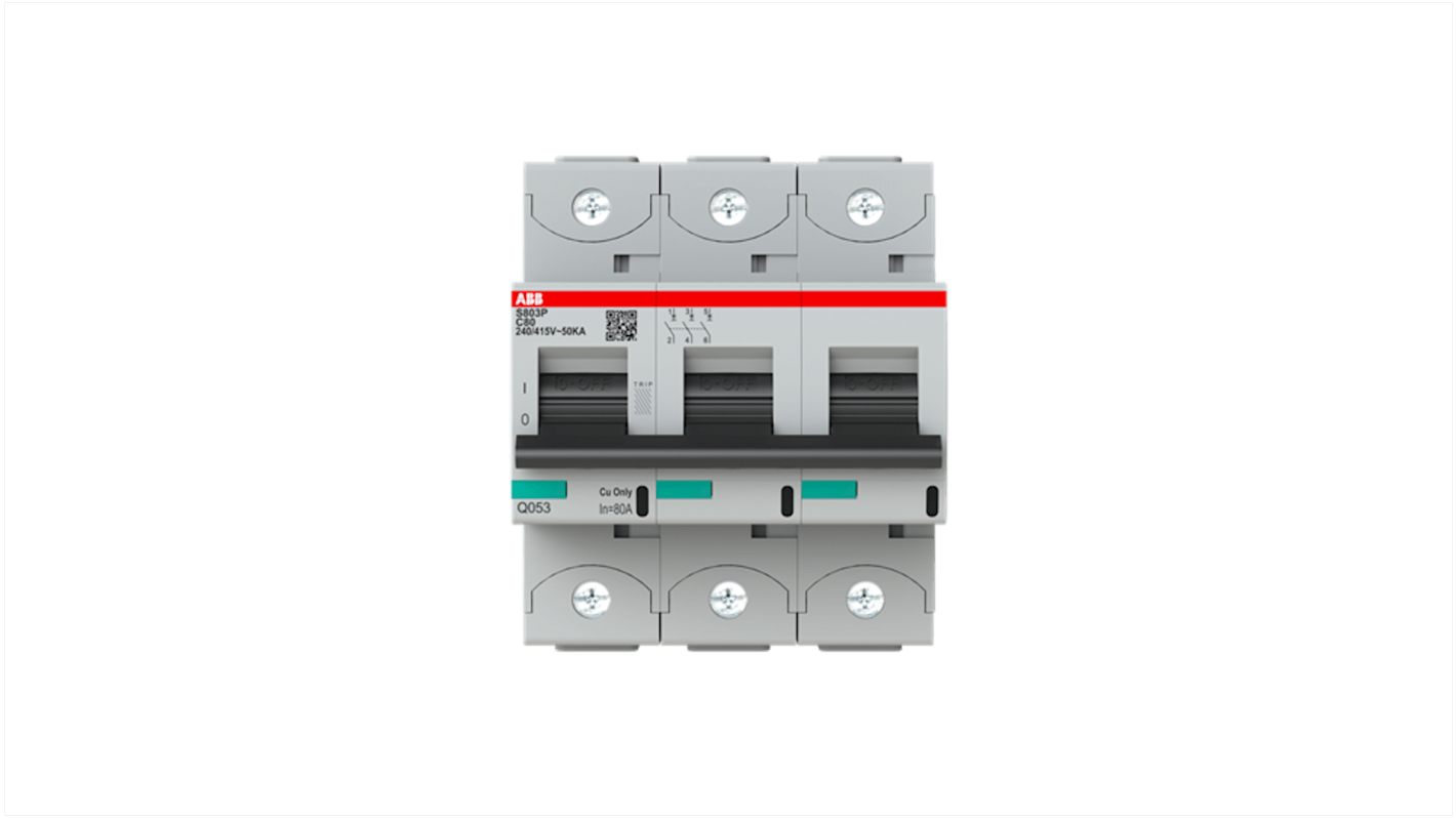 Interruptor automático 3P, 80A, Curva Tipo C, Poder de corte 36 kA S803P-C80, Altas prestaciones, Montaje en Carril DIN