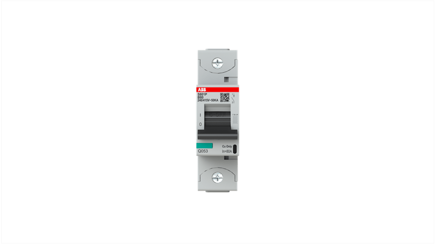 ABB B型MCB, 1极, 36 kA分断, 80A, 400VAC, S800N系列 S801P-B80