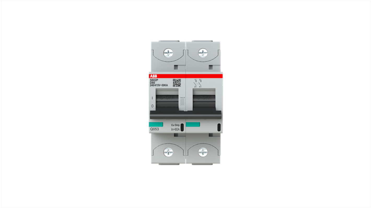 ABB D型MCB, 2极, 50 kA分断, 80A, 400VAC, 250VDC, S800S系列 S802P-D80