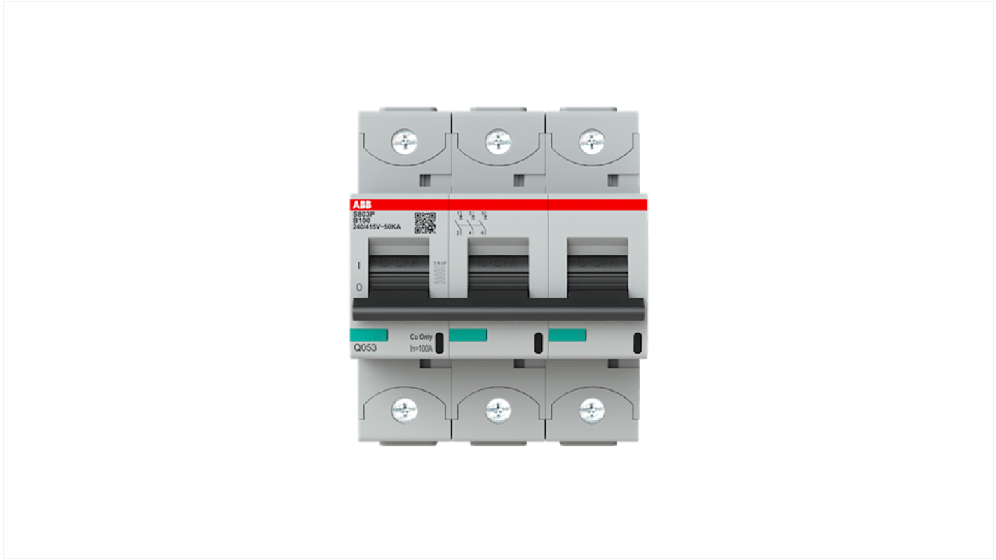 ABB High Performance S800S MCB, 3P, 100A Curve B, 400V AC, 250V DC, 50 kA Breaking Capacity