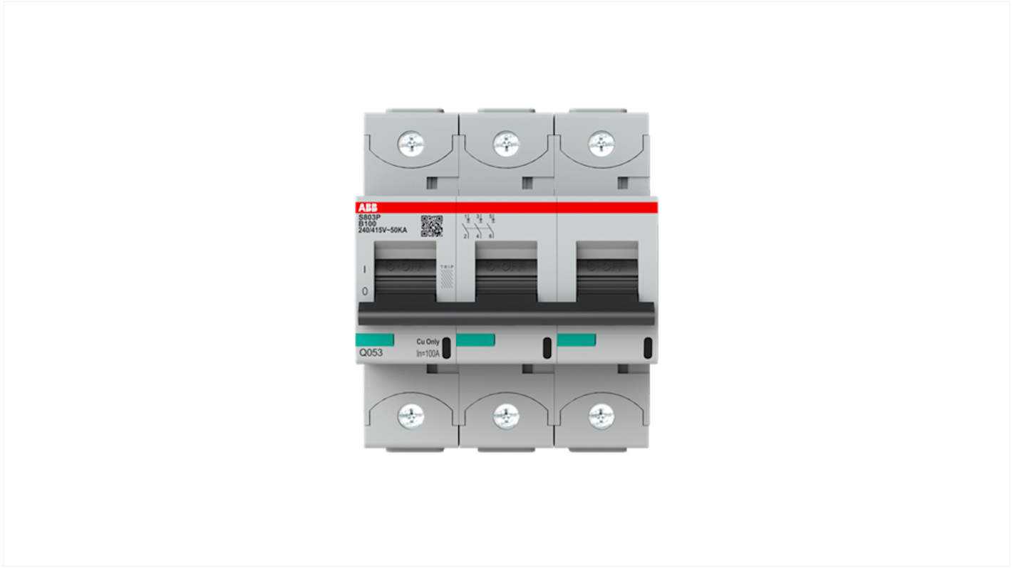 Interruptor automático 3P, 100A, Curva Tipo B, Poder de corte 50 kA S803P-B100, Altas prestaciones, Montaje en Carril