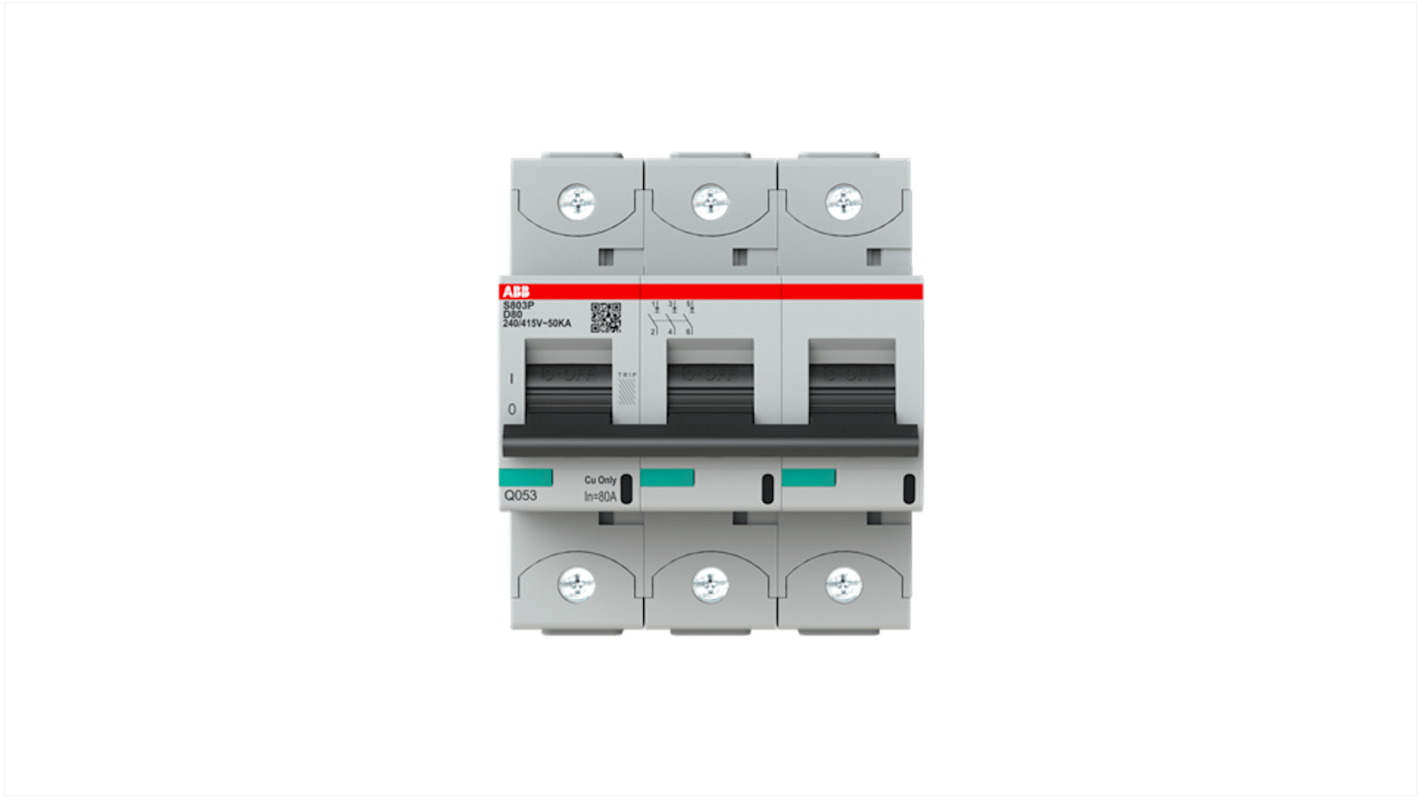 ABB D型MCB, 3极, 50 kA分断, 80A, 400VAC, 250VDC, S800S系列 S803P-D80