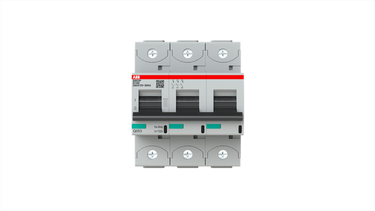ABB D型MCB, 3极, 50 kA分断, 100A, 400VAC, 250VDC, S800S系列 S803P-D100