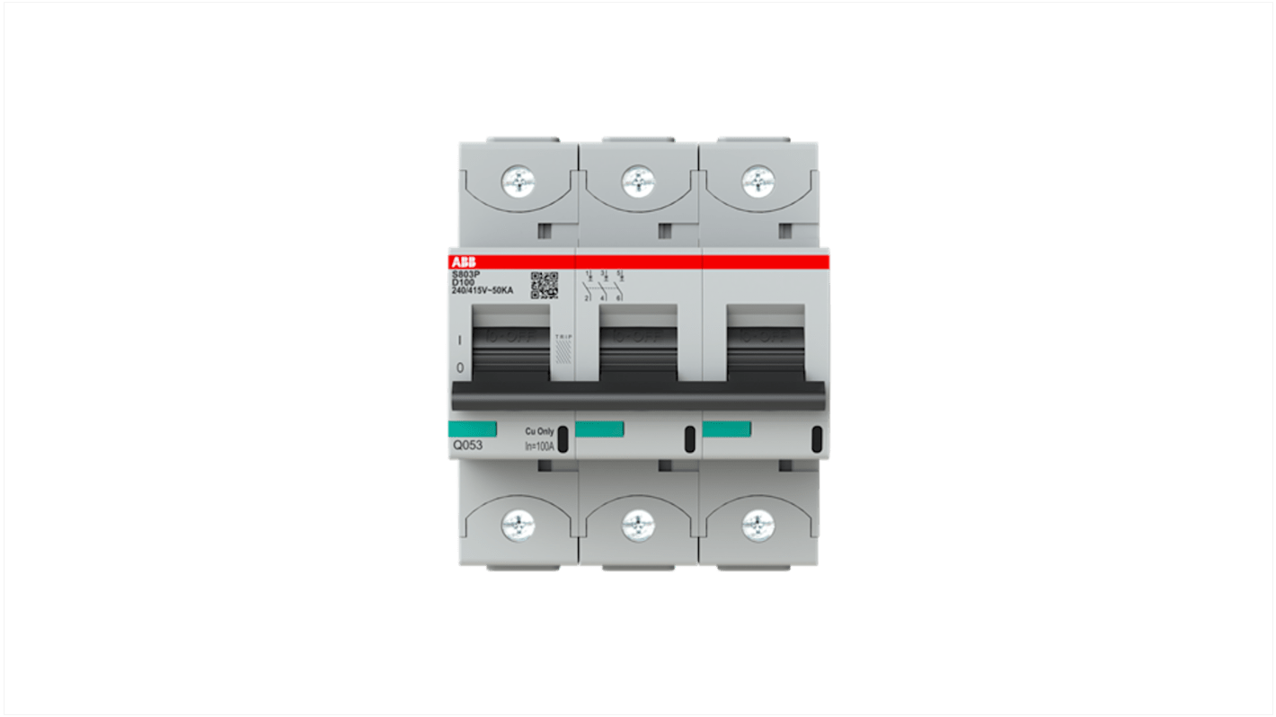 Interruptor automático 3P, 100A, Curva Tipo D, Poder de corte 50 kA S803P-D100, Altas prestaciones, Montaje en Carril