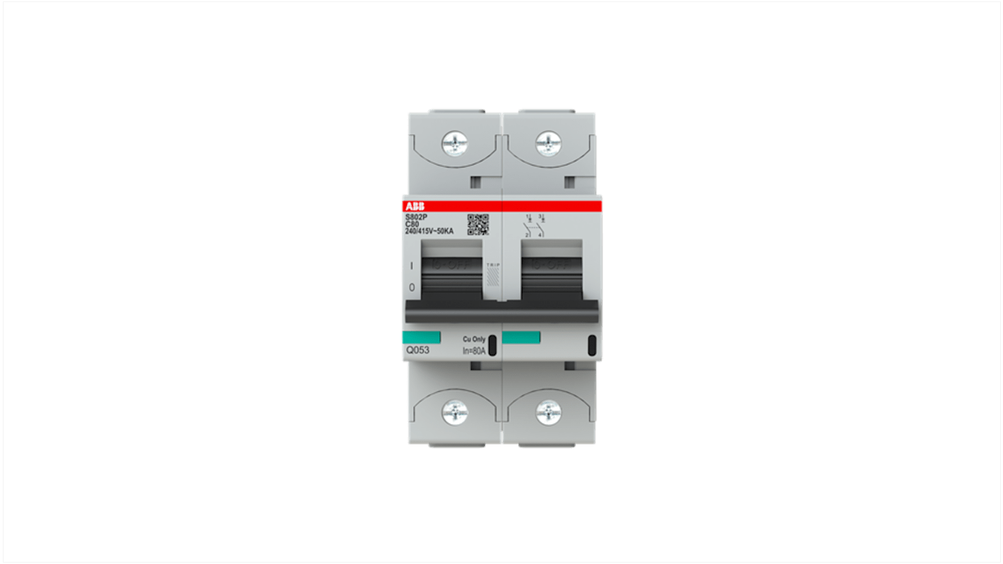 Interruptor automático 2P, 80A, Curva Tipo C, Poder de corte 50 kA S802P-C80, Altas prestaciones, Montaje en Carril DIN