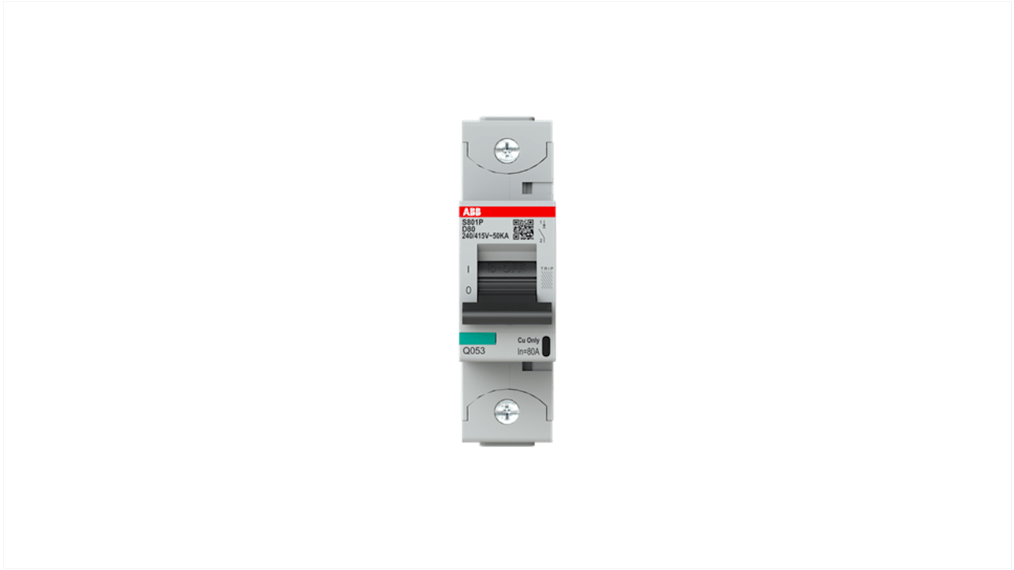 ABB D型MCB, 1极, 36 kA分断, 80A, 400VAC, S800N系列 S801P-D80