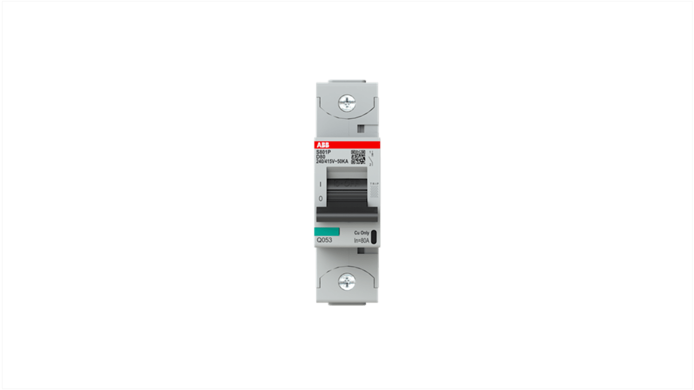 ABB High Performance S800N MCB, 1P, 80A Curve D, 400V AC, 36 kA Breaking Capacity