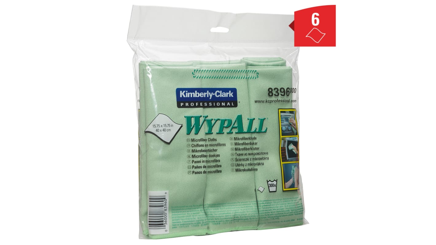 Kimberly Clark Wypall Green Cloths for Glass and Mirror Cleaning, Dry Use, Bag of 6, 400 x 400mm, Repeat Use