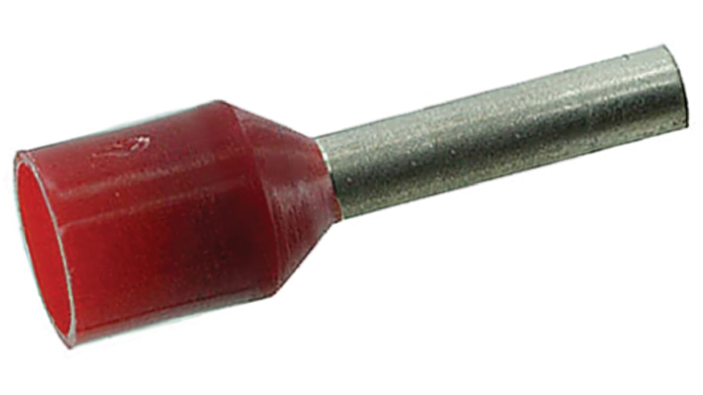 RS PRO Insulated Crimp Bootlace Ferrule, 8mm Pin Length, 2mm Pin Diameter, 1.5mm² Wire Size, Red
