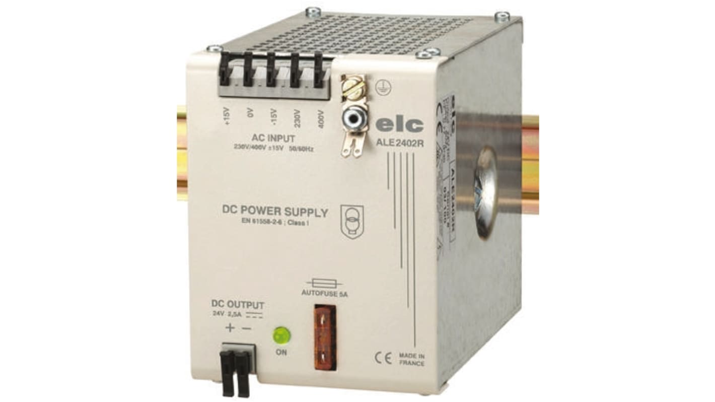 ELC ALE Linear DIN Rail Power Supply, 230V → 440V ac ac Input, 24V dc dc Output, 2.5A Output, 60W