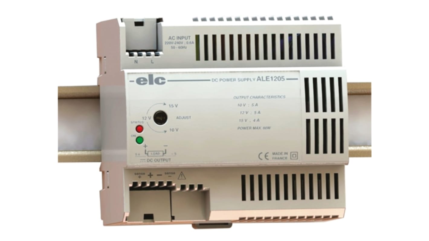 Fuente de alimentación de carril DIN ELC, ALE DIN RAIL, 1 salida 12V dc 5A 60W