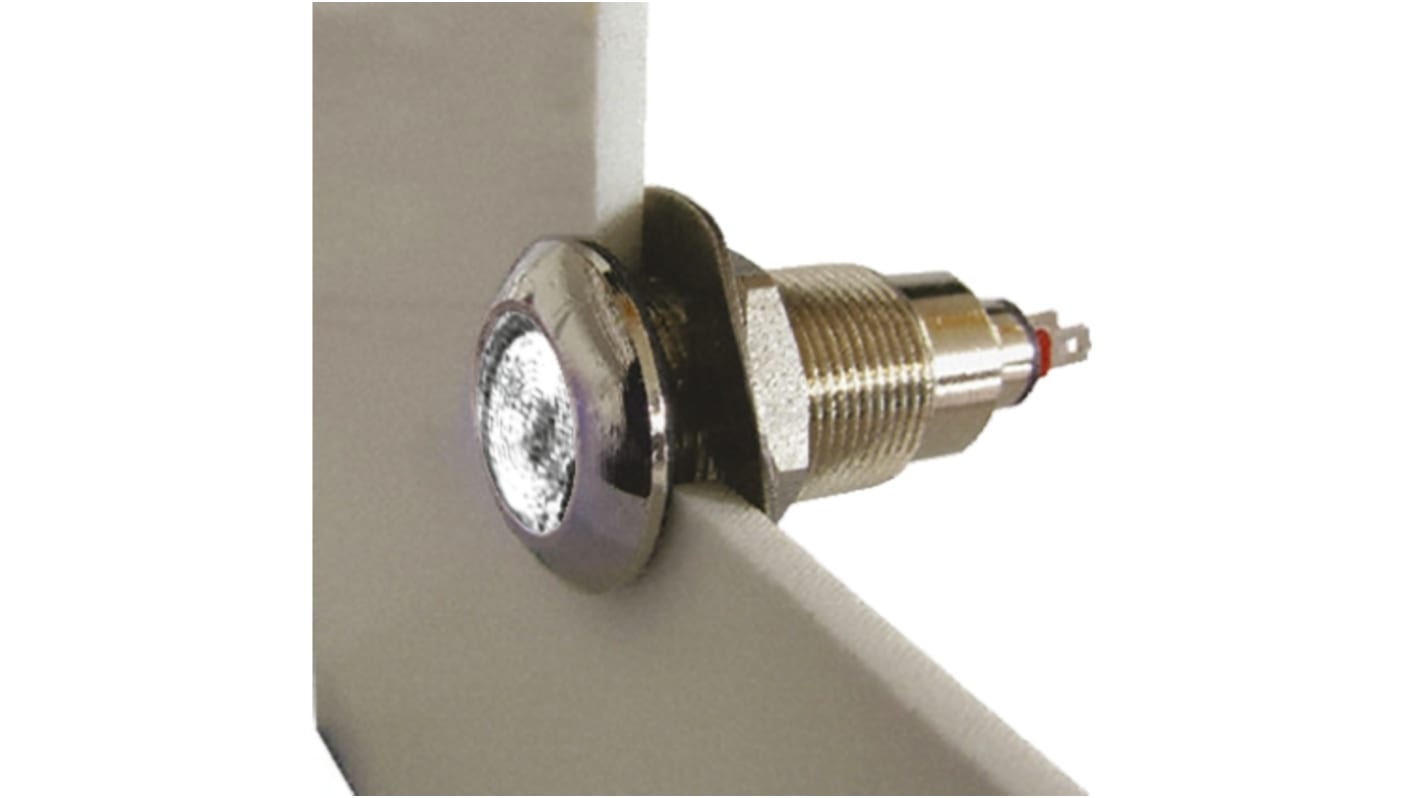 Marl 白色LED面板指示灯, 12 → 28V, 6 → 16mA, Φ12.7mm安装孔, 焊片端接, 凸型边框, 黑色边框, IP67