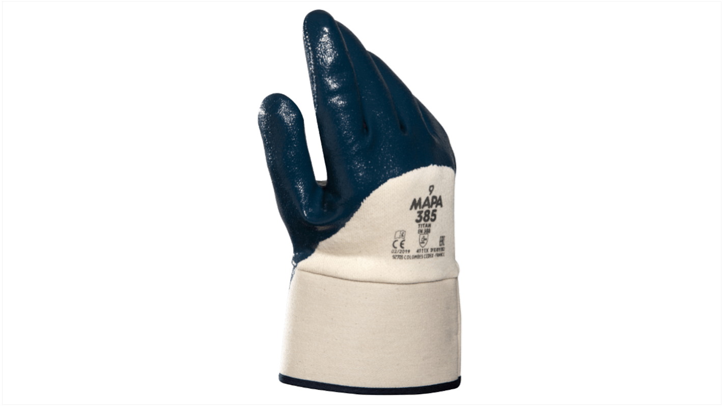 Mapa Spontex TITAN 385 Blue Cotton General Purpose Work Gloves, Size 9, Large, Nitrile Coating