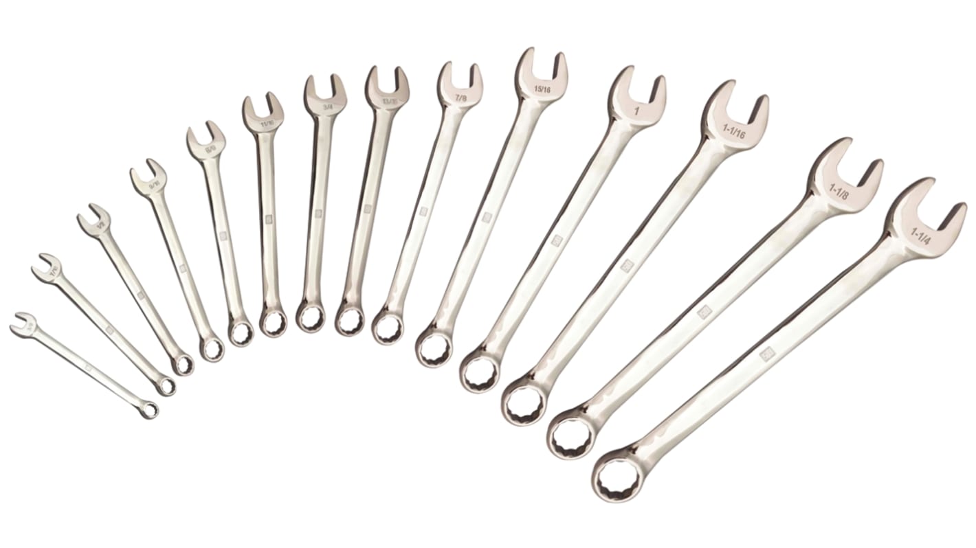 RS PRO 14-Piece Spanner Set, 3/8 → 1.1/4 in, Chrome Vanadium Steel
