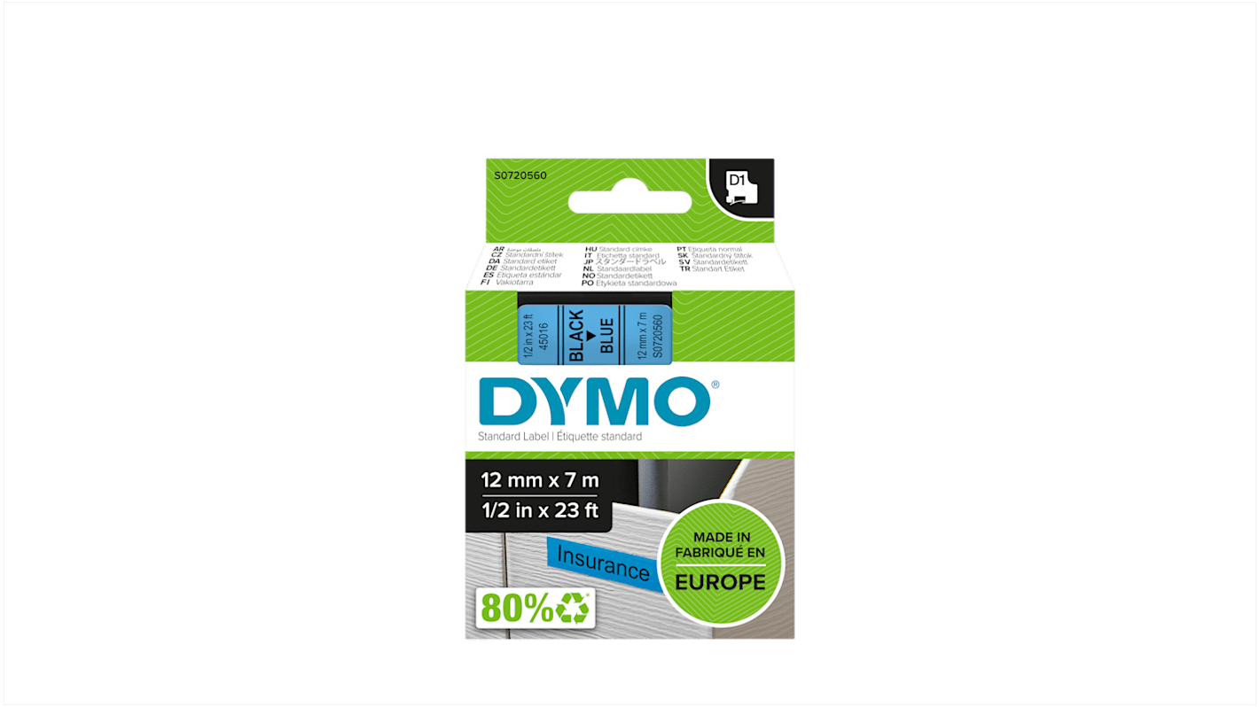 Dymo Black on Blue Label Printer Tape, 7 m Length, 12 mm Width