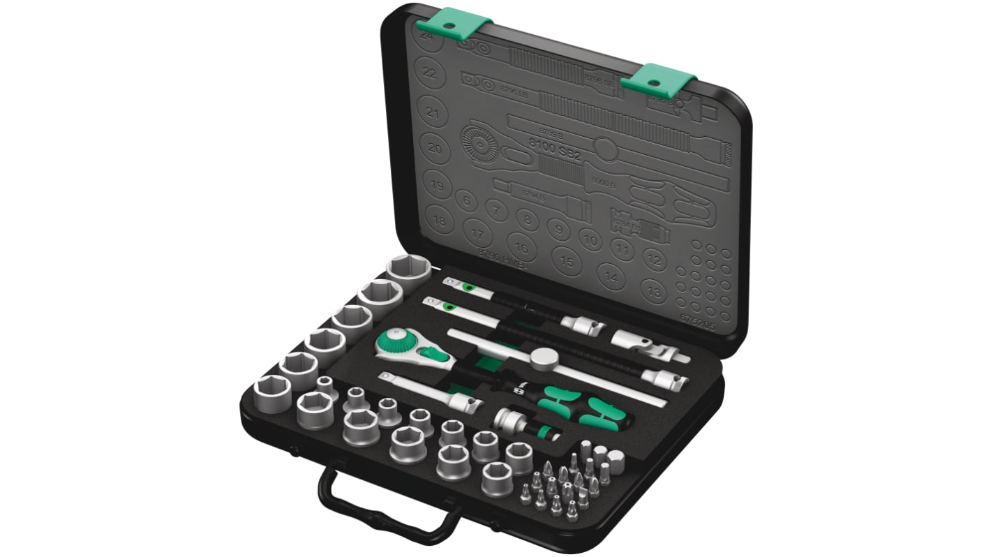 Wera 43-Piece Metric 3/8 in Standard Socket/Bit Set with Ratchet, 6 point; Hex Bit; Phillips Bit; Pozidriv Bit; Slotted