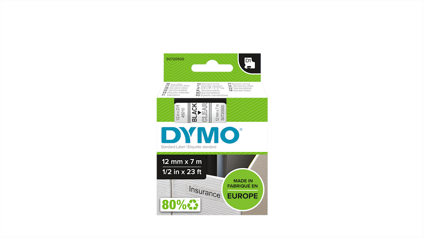 Dymo Black on Clear Label Printer Tape, 7 m Length, 12 mm Width