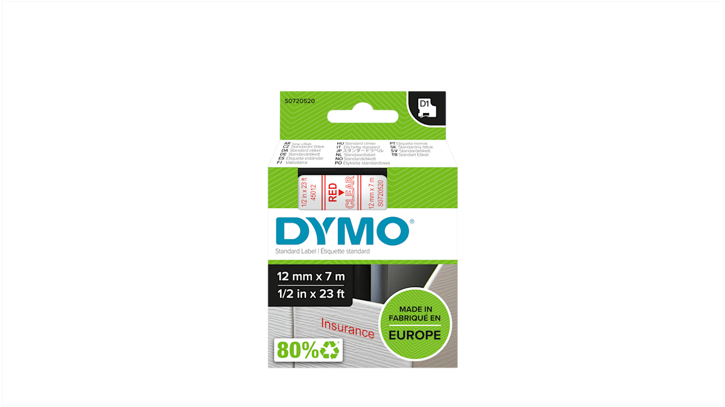 Dymo Red on Clear Label Printer Tape, 7 m Length, 12 mm Width