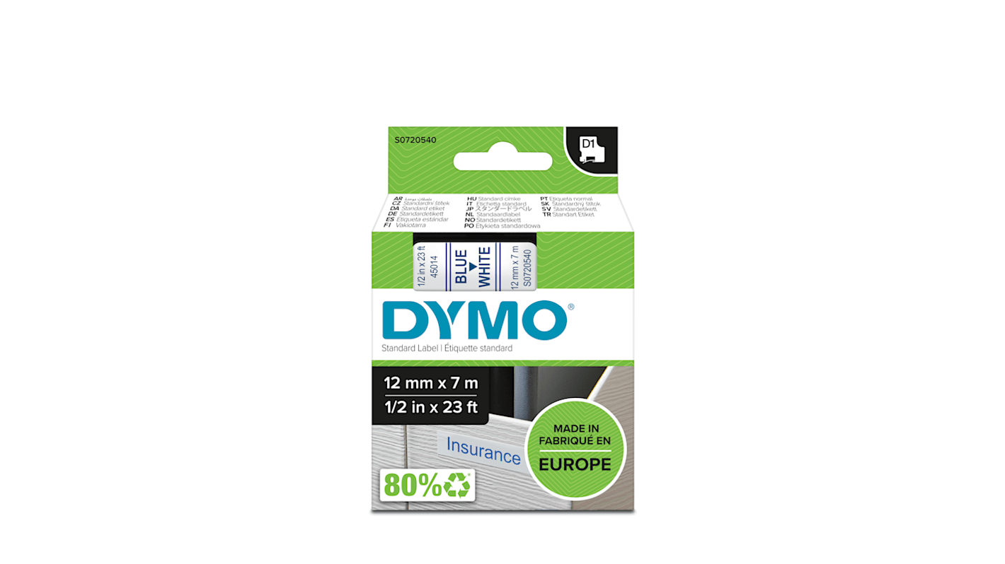 Dymo Blue on White Label Printer Tape, 7 m Length, 12 mm Width