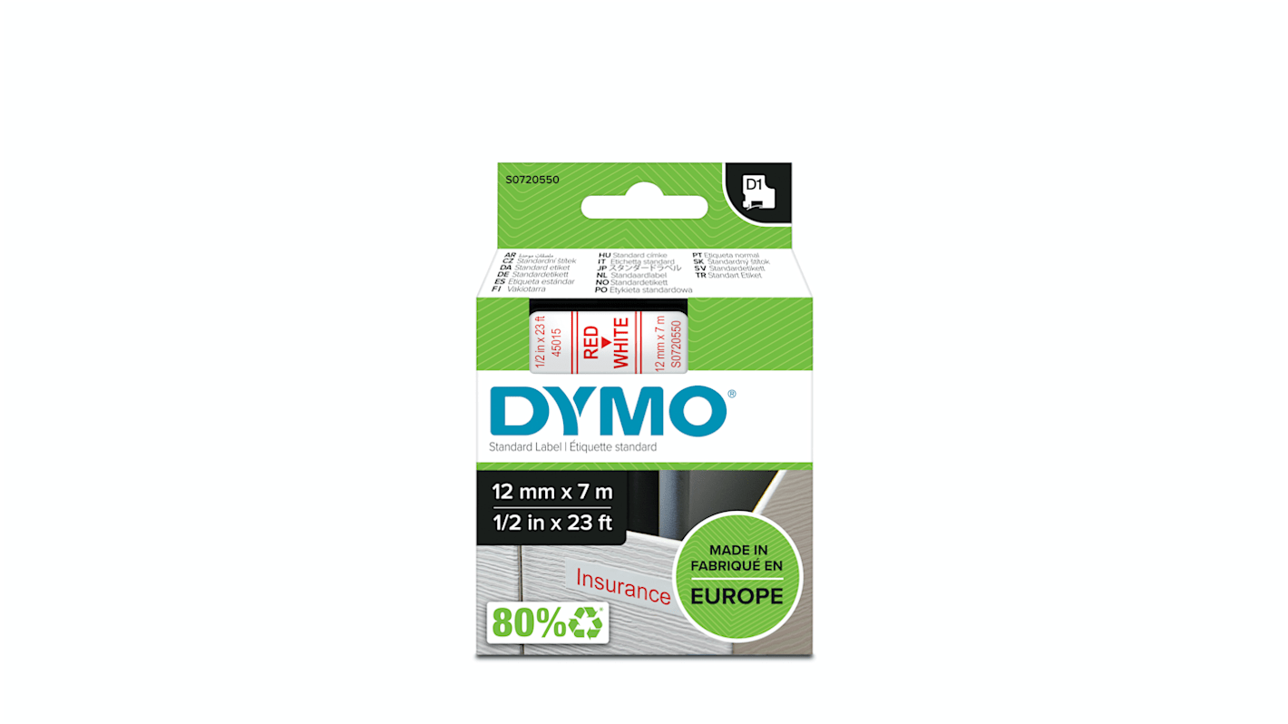 Dymo Red on White Label Printer Tape, 7 m Length, 12 mm Width