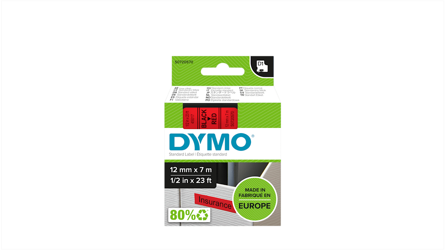Dymo Black on Red Label Printer Tape, 7 m Length, 12 mm Width