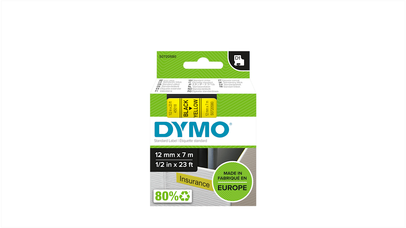 Dymo Black on Yellow Label Printer Tape, 7 m Length, 12 mm Width