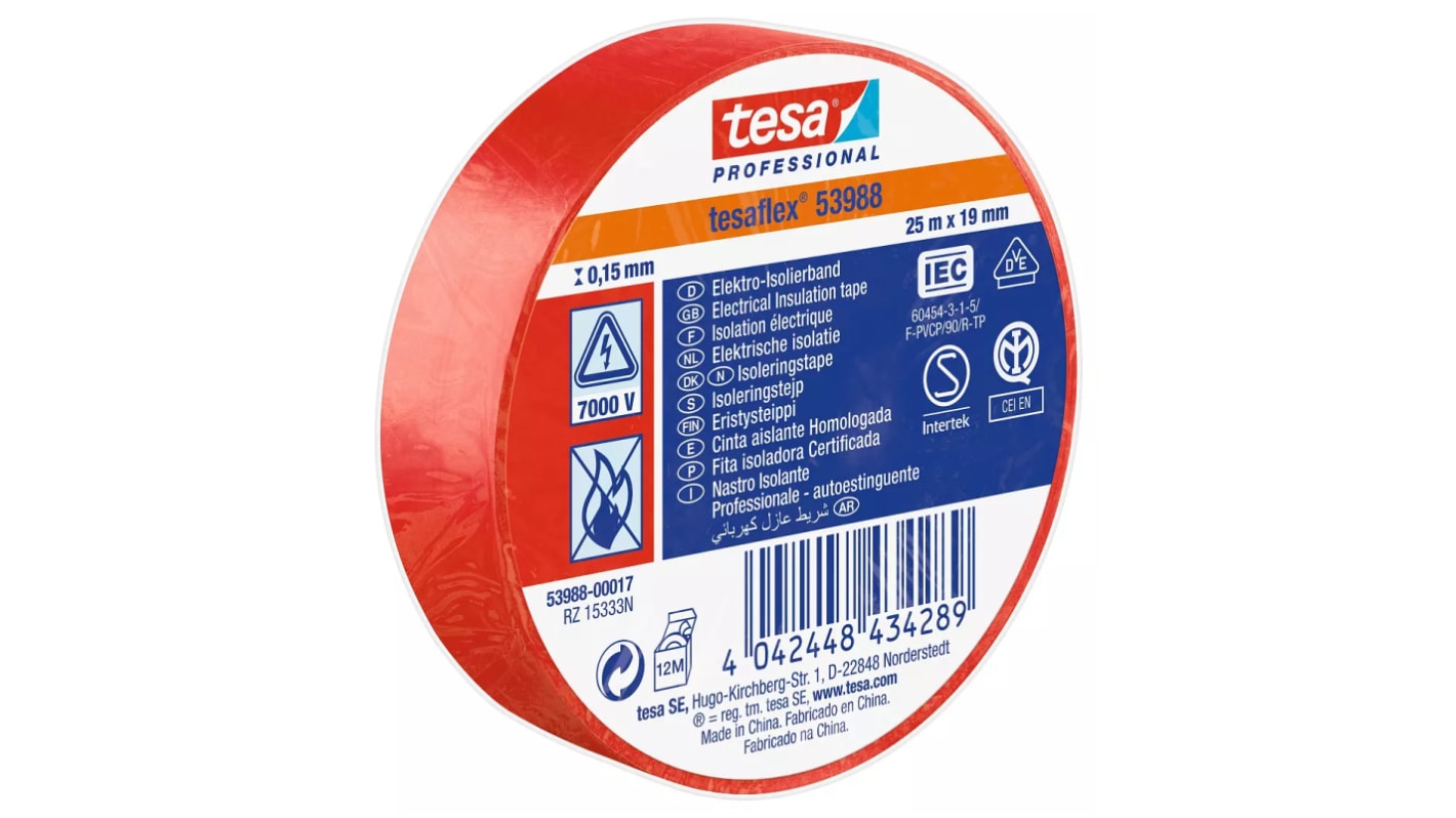 Tesa 53988 Red Soft PVC Electrical Insulation Tape, 19mm x 25m