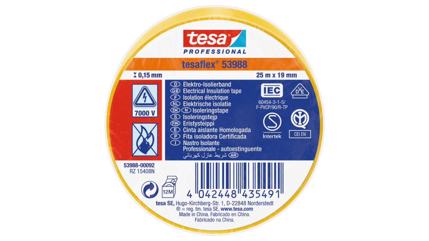 Tesa 53988 Isolierband, PVC Gelb, 0.15mm x 19mm x 25m, 0°C bis +90°C