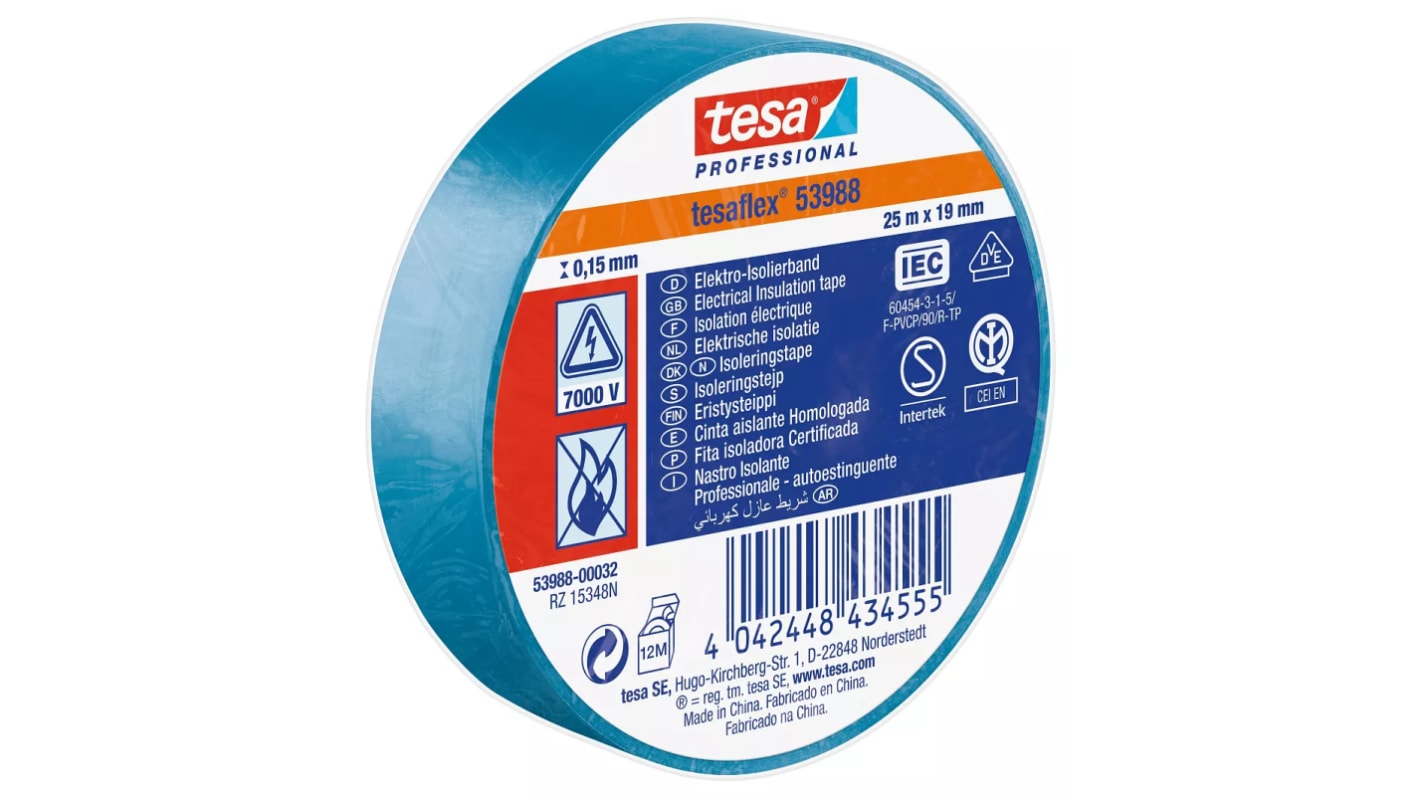 Tesa 软质PVC电气绝缘胶带, 蓝色, 19mm宽 x 25m长 x 150mm厚, 最高+90°C, Tesa 53988, 53988